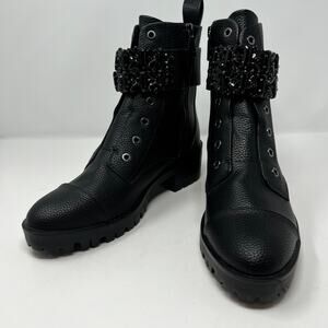 Karl Lagerfeld Boots Woman's 7.5M Black Payson Side Zip Jeweled Ankle Belt  NWOT